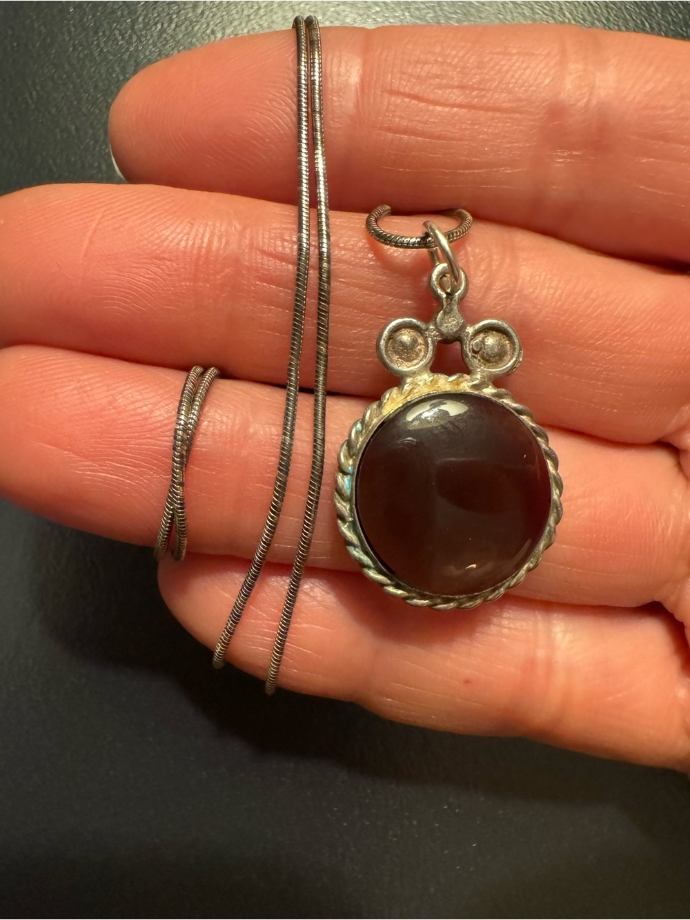 Vintage Sterling Silver Dark Amber Glass Cabochon Artisan Pendant Necklace - 18”